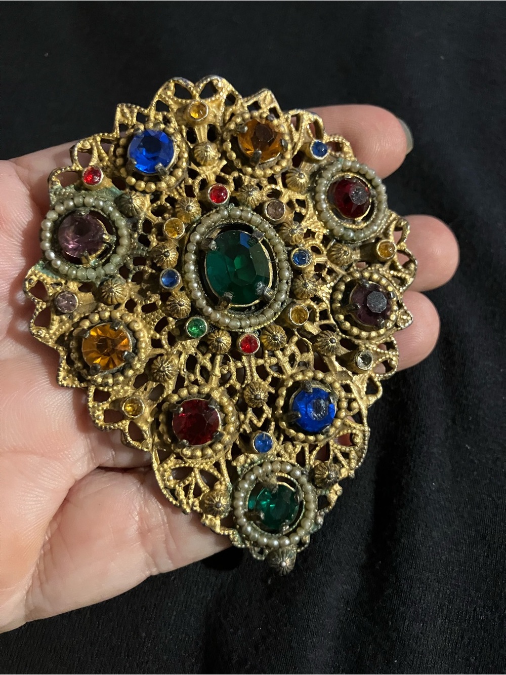 Gold-Tone Multicolor Filigree Statement Brooch / Dress Clip - Picture 2 of 10